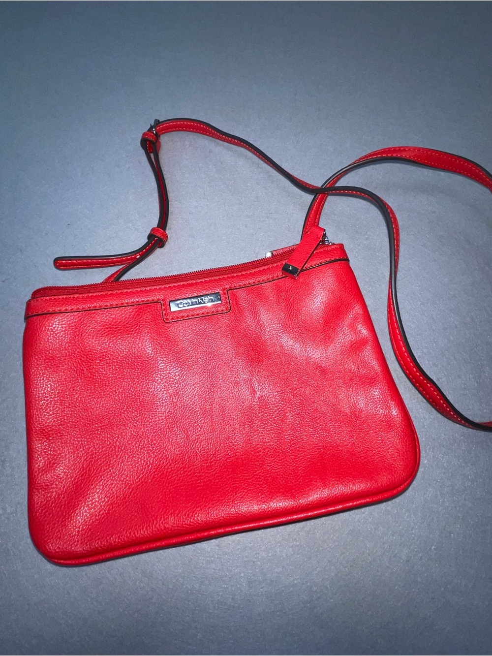 Calvin Klein Red Pebbled Crossbody Bag Zip Top Silver Hardware Small 218